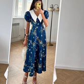 French Peter Pan Collar Short Sleeve Blue Floral Slimming High End Exquisite First Love Dress